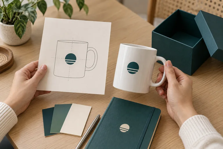Đối chiếu vị trí logo trên bản thiết kế với mẫu cốc và sổ