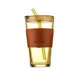 Cốc thủy tinh Trung Quốc  bọc da kèm ống hút -  450ml