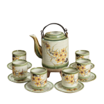 Bộ ấm tích pha chè sứ Bát Tràng quà tặng in logo họa tiết hoa mai vàng 1.5L KQ-TNAC18