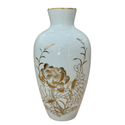 Lọ hoa cổ trụ decal vàng kim – Men trắng – H30