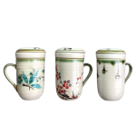 Cốc sứ lọc trà Bát Tràng quà tặng in logo họa tiết vẽ tay dáng thóp quai bán tim 250ml KQ-CSLT02