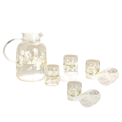 Bộ bình cốc thủy tinh Trung Quốc  - Bình + 6 cốc họa tiết hoa