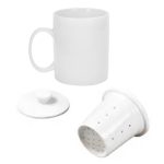 Cốc sứ lọc trà Bát Tràng quà tặng in logo màu trắng dáng trụ quai C KQ-CSLT01