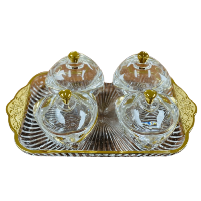 Bộ 4 hũ mứt thủy tinh – viền vàng – khay chữ nhật