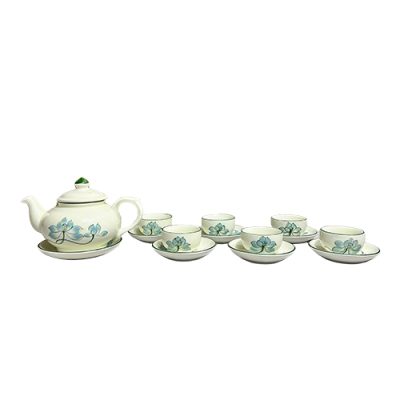 Bộ ấm chén vẽ tay quà tặng in logo họa tiết hoa sen xanh dáng cổ vịt 650ml KQ-ACVT03