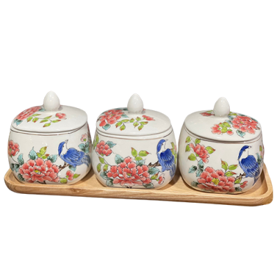Bộ 3 hũ mứt dáng méo – vẽ tay – chim xanh hoa phù dung đỏ – kèm khay gỗ