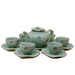 Bộ ấm chén màu quà tặng in logo dáng sen ếch họa tiết hoa đào trắng KQ-ACM14