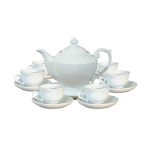 Bộ ấm chén trắng quà tặng in logo dáng thần đèn 800ml KG-ACT26