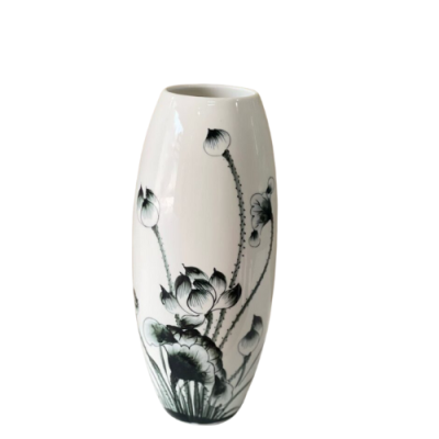Lọ hoa dáng Bom vẽ sen đen – men trắng – H30