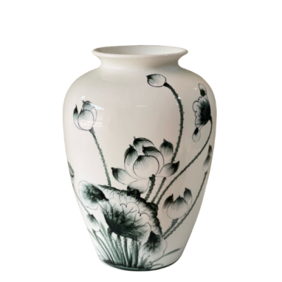 Lọ hoa vẽ sen đen – men trắng – H30