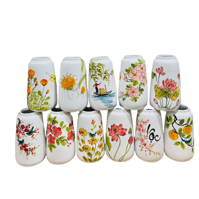 Lọ hoa vẽ tay – men trắng khử – H23