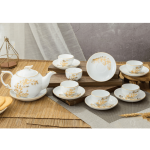 Bộ ấm chén trắng quà tặng in logo dáng phượng họa tiết trúc vẻ vàng 500ml KQ-ACT16