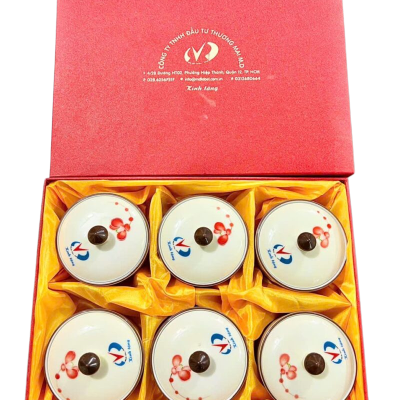 Bộ 6 hũ mứt tròn vẽ tay – kèm khay gỗ