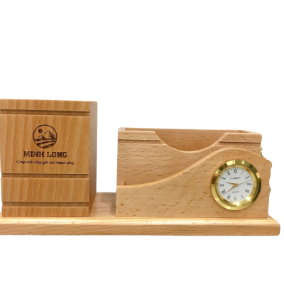 Đồng hồ để bàn gỗ kèm ống bút-02
