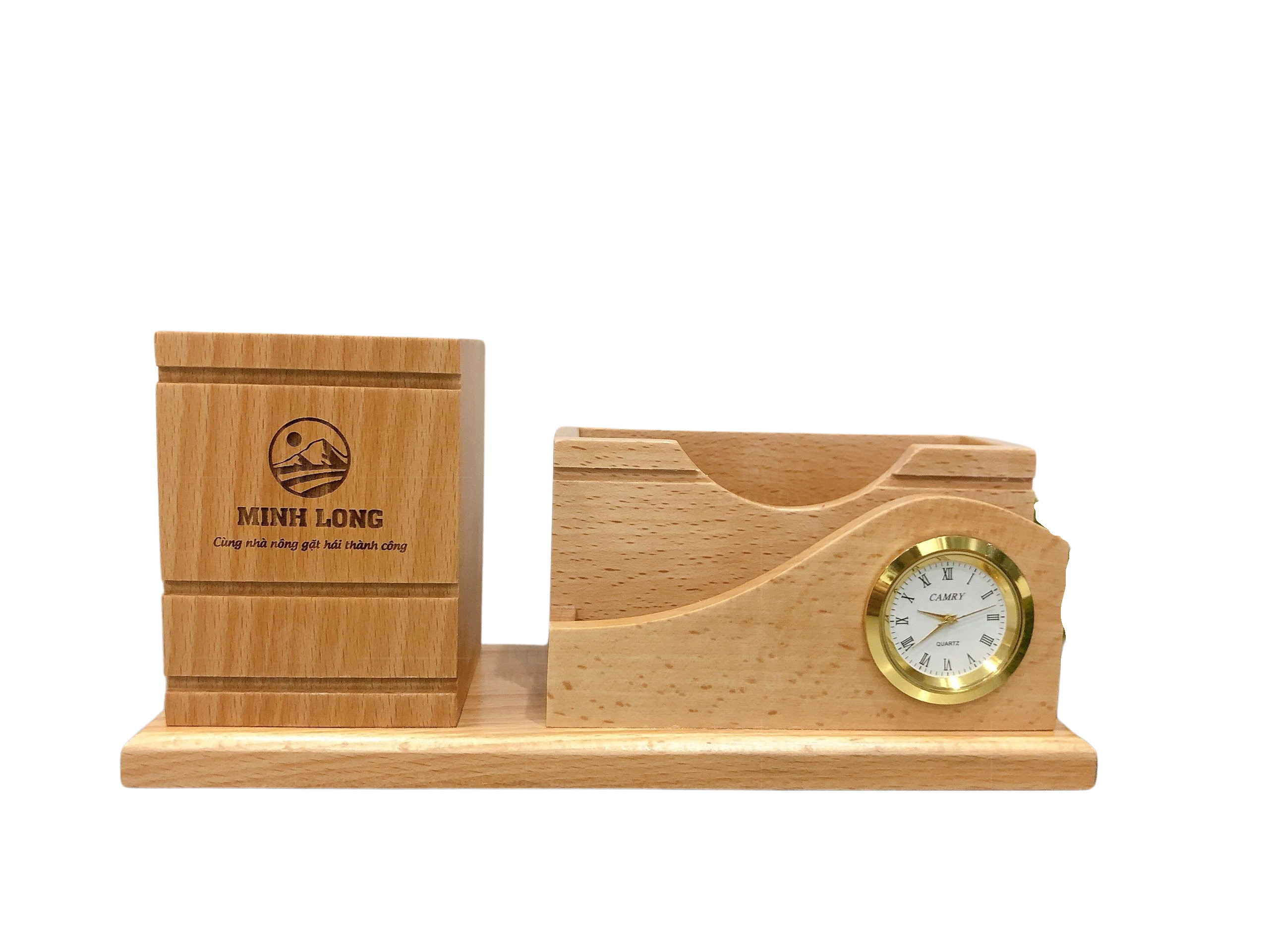 Đồng hồ để bàn gỗ kèm ống bút-02