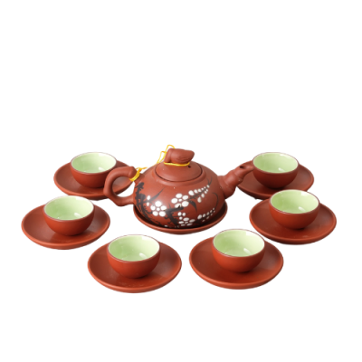 Bộ ấm chén tử sa quà tặng in logo màu đỏ son họa tiết hoa đào trắng 330ml KQ-ACTS01