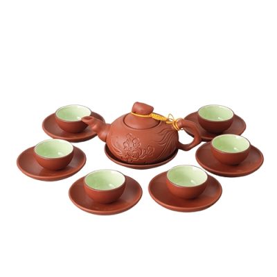 Bộ ấm chén tử sa quà tặng in logo màu đỏ son khắc hoa 330ml KQ-ACTS02