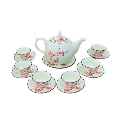 Bộ trà vẽ tay men kem/men xanh mẫu đơn