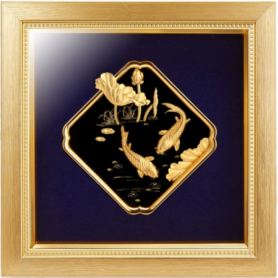 Tranh cá chép hoa sen dát vàng 24k- Song Ngư Cát Hạnh