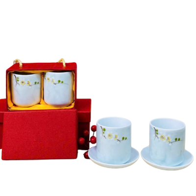 Bộ 2 cốc sứ vẽ tay Bát Tràng - men vân đá