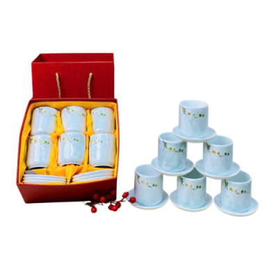 Bộ 6 cốc sứ vẽ tay Bát Tràng - men vân đá