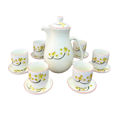 Bộ bình nước sứ Bát Tràng quà tặng in logo dáng cao họa tiết vẽ tay hoa 1,8L KQ-BN01