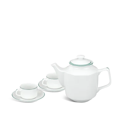 Bộ ấm chén Minh Long quà tặng in logo Jasmine kẻ chỉ xanh lá 1,1L KQ-ACML13