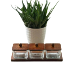 Bộ 3 hũ mứt thủy tinh vuông nắp gỗ MG 302 – kèm khay gỗ