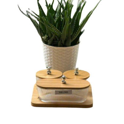 Bộ 3 hũ mứt thủy tinh tròn nắp gỗ MG 301 – kèm khay gỗ