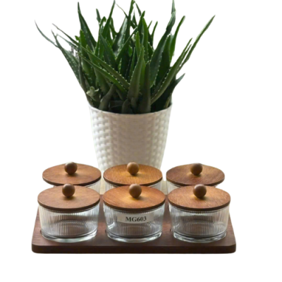 Bộ 6 hũ mứt thủy tinh tròn nắp gỗ MG 603 – kèm khay gỗ