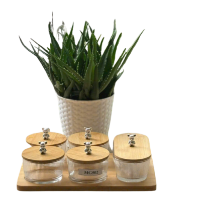 Bộ 5 hũ mứt thủy tinh tròn nắp gỗ MG 502 – kèm khay gỗ