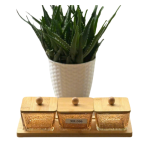 Bộ 3 hũ mứt thủy tinh vuông nắp gỗ MG 306 – kèm khay gỗ