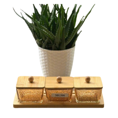 Bộ 3 hũ mứt thủy tinh vuông nắp gỗ MG 306 – kèm khay gỗ