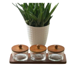 Bộ 3 hũ mứt thủy tinh tròn nắp gỗ MG 304 – kèm khay gỗ