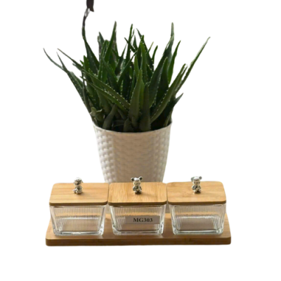 Bộ 3 hũ mứt thủy tinh vuông nắp gỗ MG 303 – kèm khay gỗ