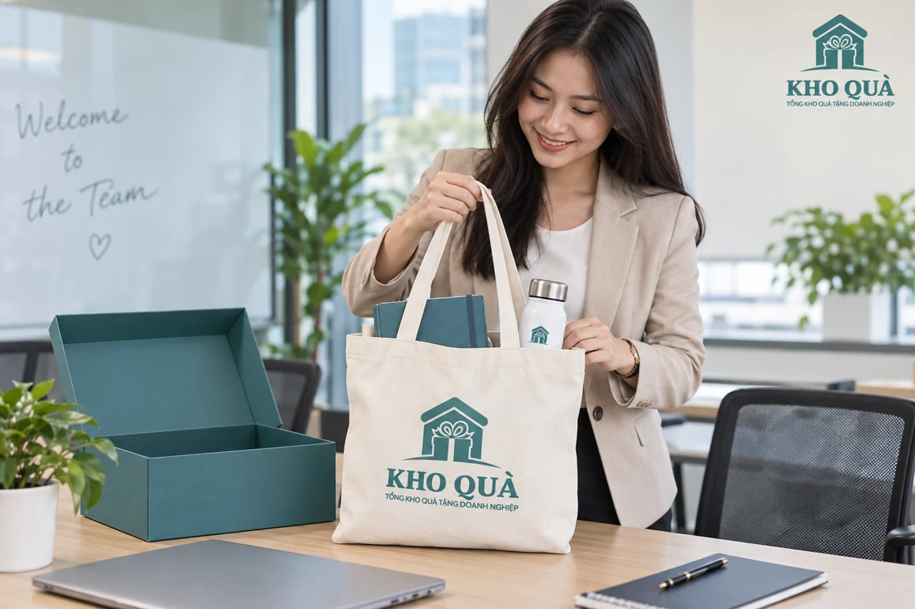 Thử cầm túi in Kho Quà có sổ và bình bên trong, cạnh hộp xanh
