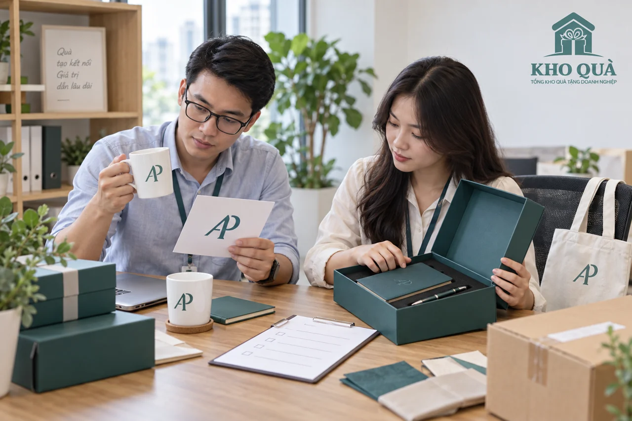 Đối chiếu cốc in AP, sổ bút trong hộp và phiếu kiểm trên bàn tư vấn