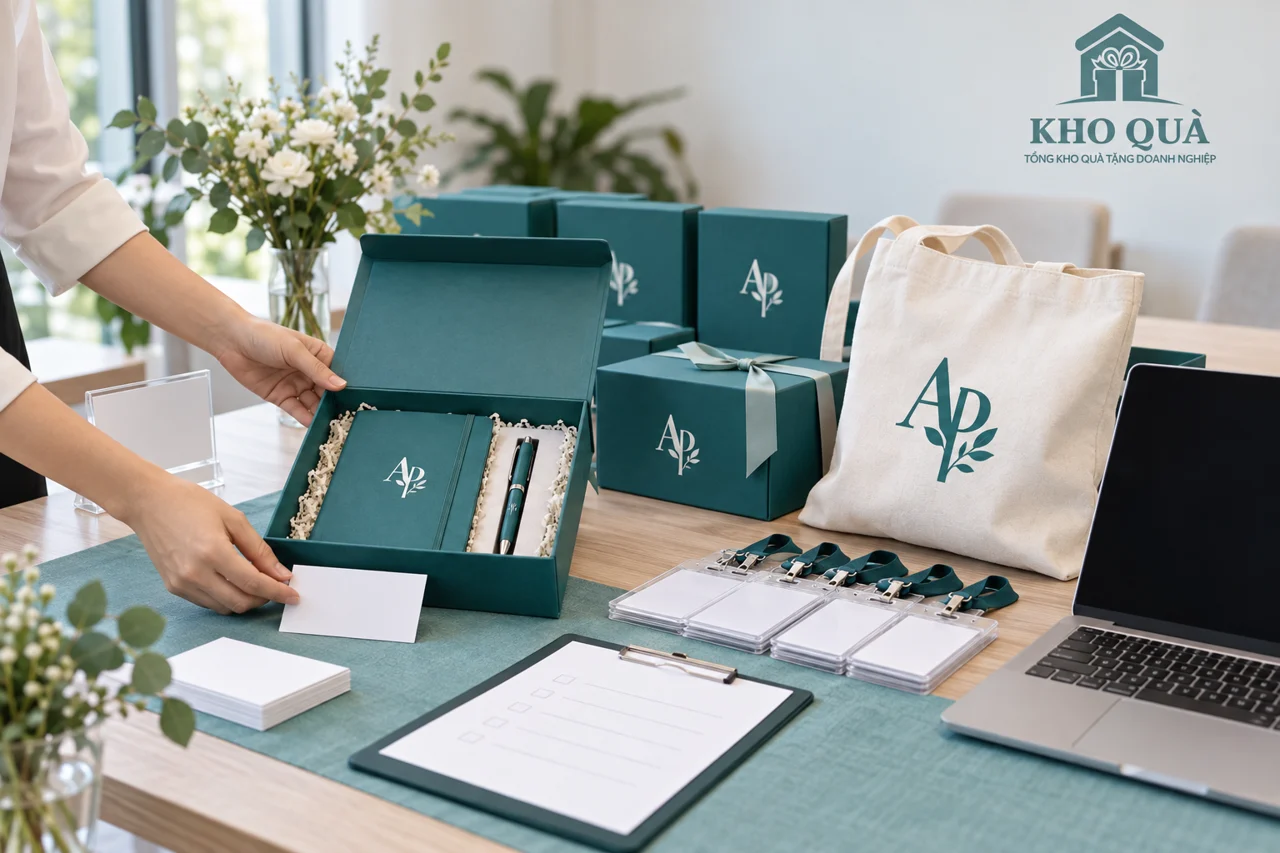 Chuẩn bị hộp sổ bút, túi in AP và thẻ đeo trống tại bàn tiếp đón