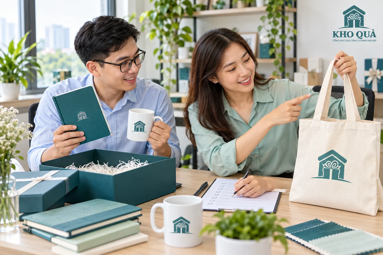 Nhóm chọn sổ, cốc và túi mang nhận diện Kho Quà bên giấy kiểm