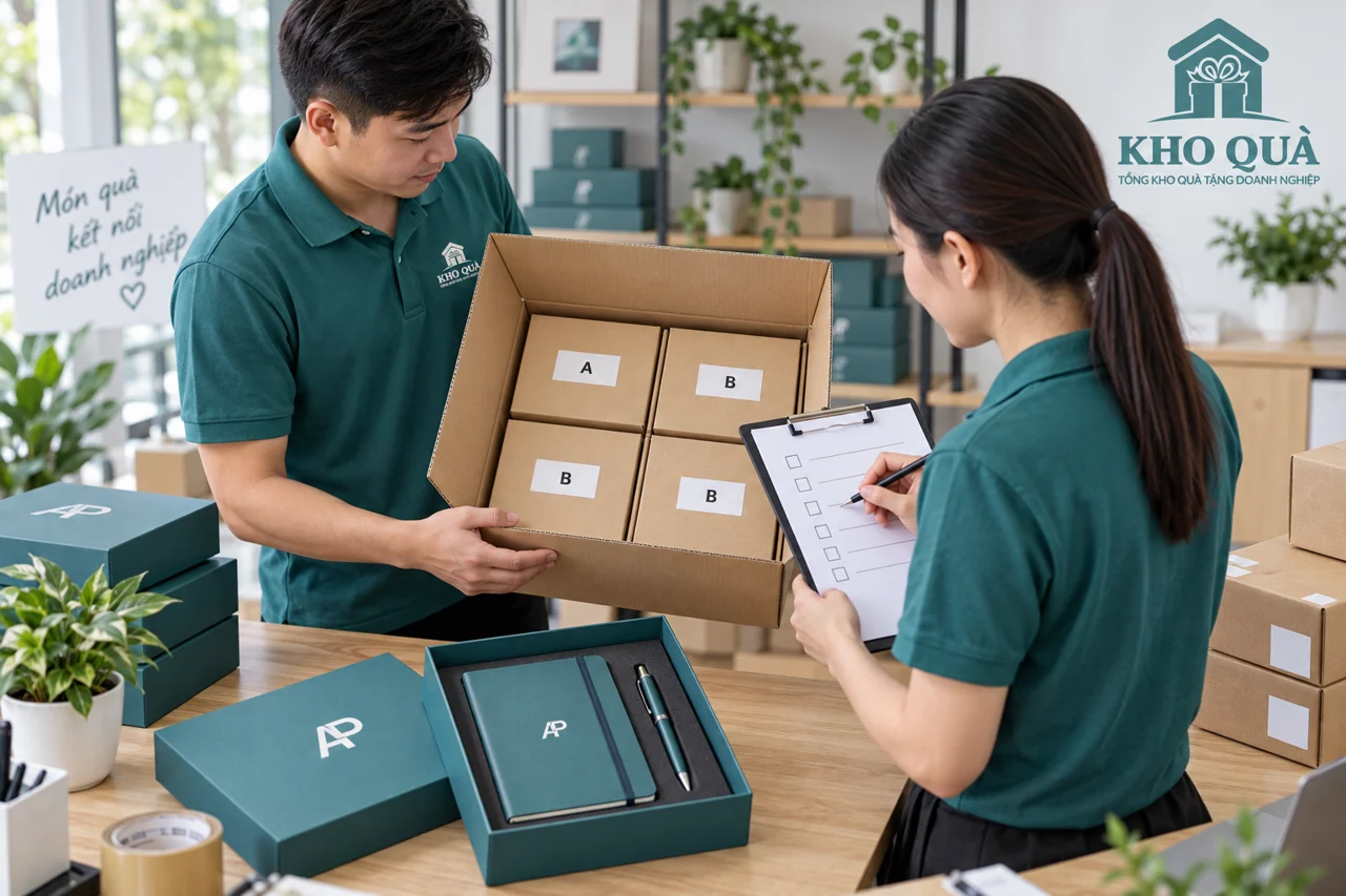 Đối chiếu thùng quà với phiếu kiểm và hộp mẫu sổ bút in AP
