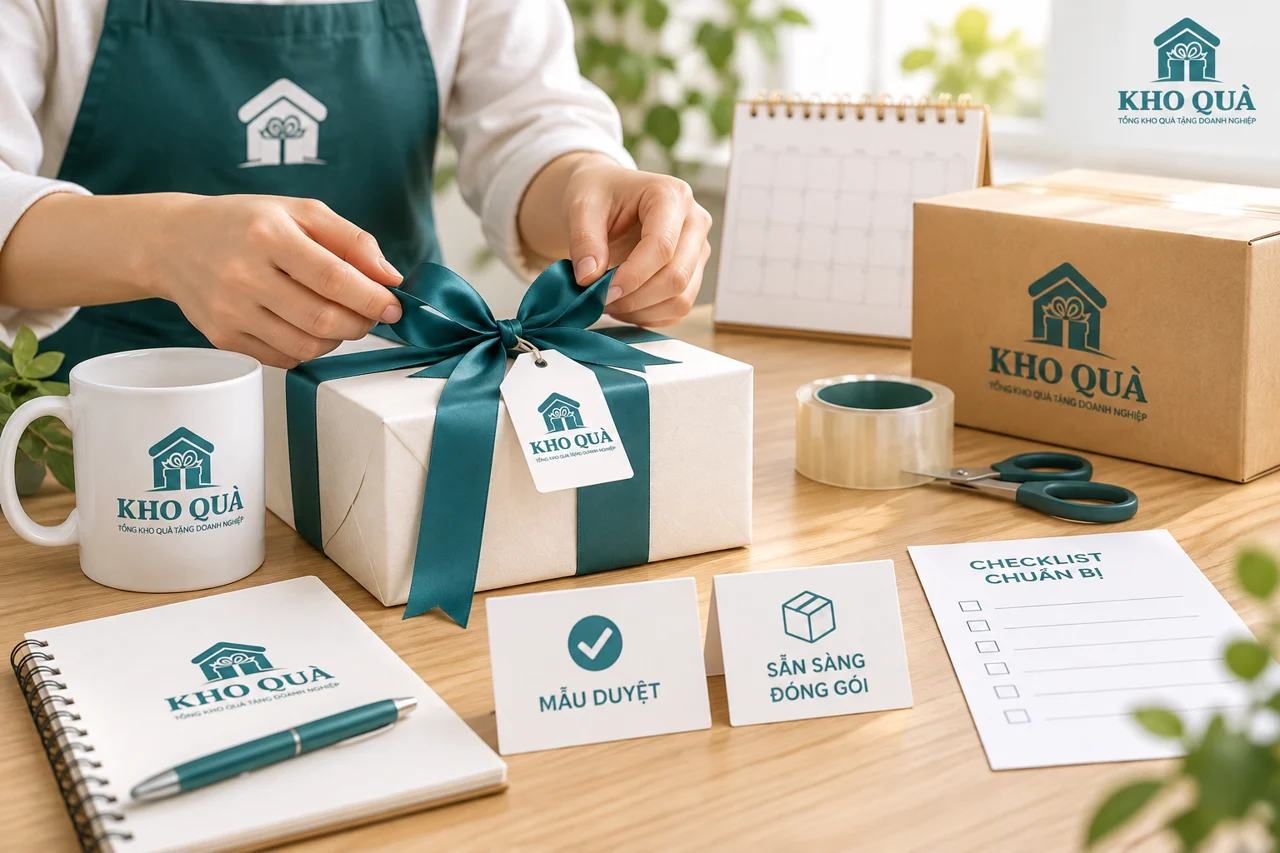 Buộc nơ hộp quà bên cốc, sổ in Kho Quà và lịch lưới trống