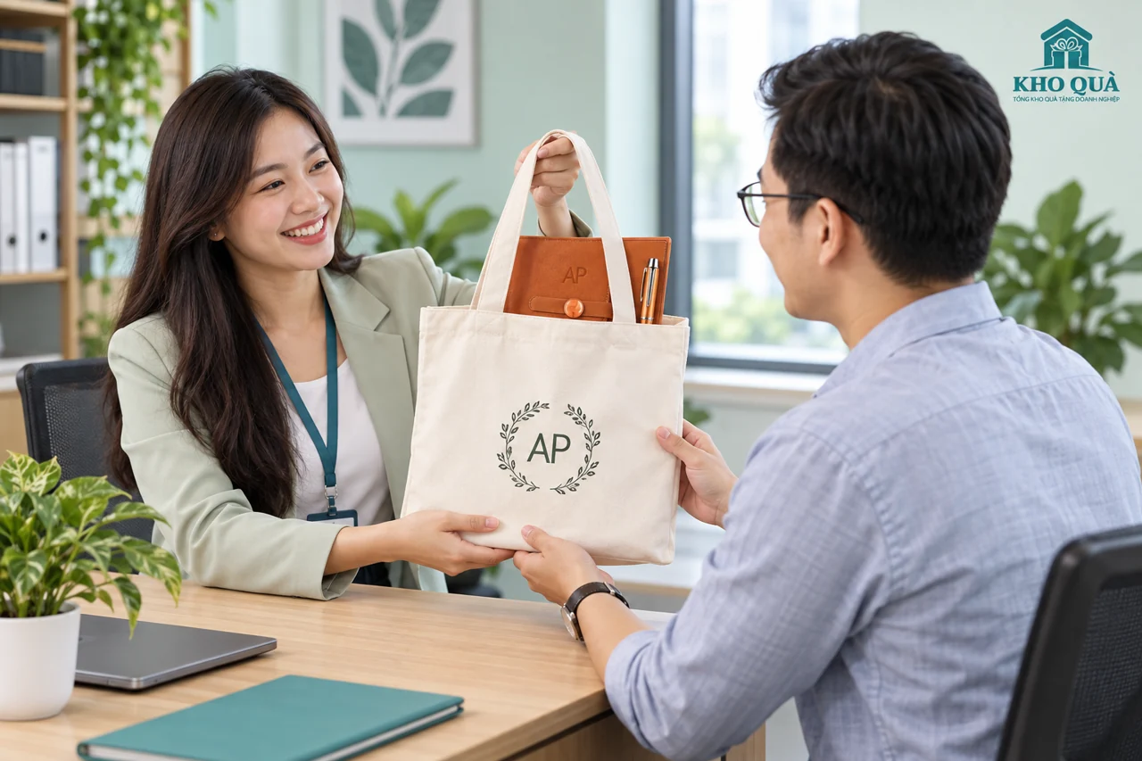 Trao túi in AP kèm sổ bút trong bối cảnh nhân viên mới