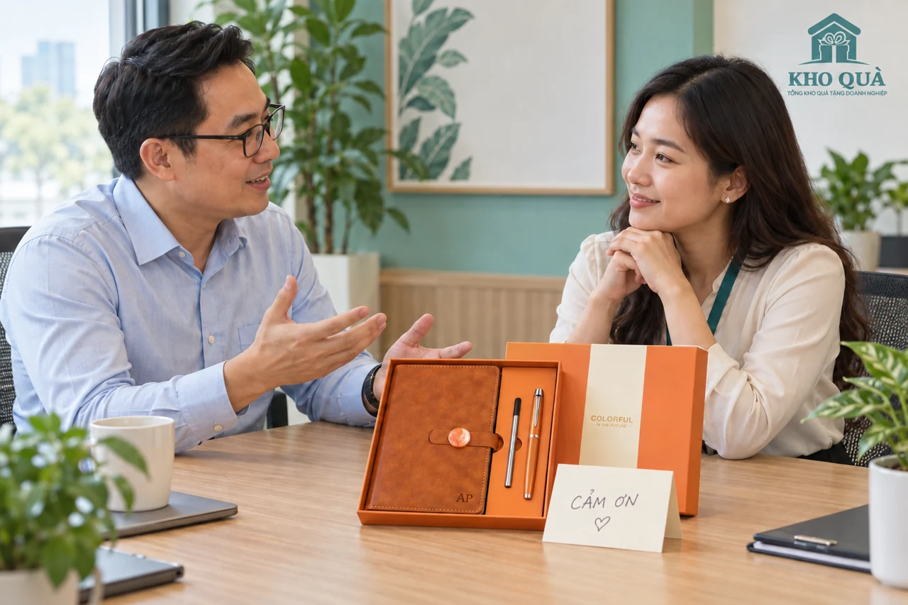 Trao đổi ghi nhận với bộ sổ bút màu cam và thiệp cảm ơn