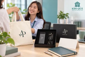 Phương án quà túi in AP và bộ sạc trên bàn cùng thẻ phản hồi