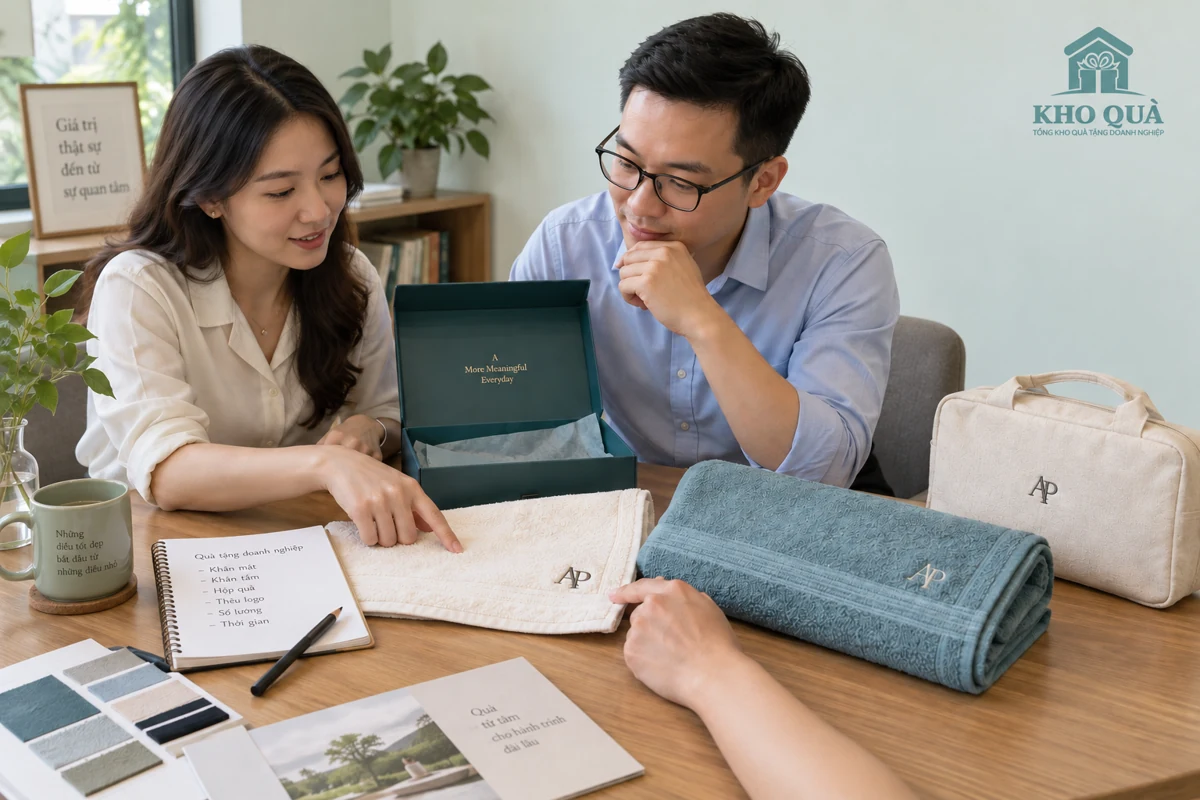 Trao đổi lựa chọn khăn, vùng thêu và hộp tại bàn tư vấn