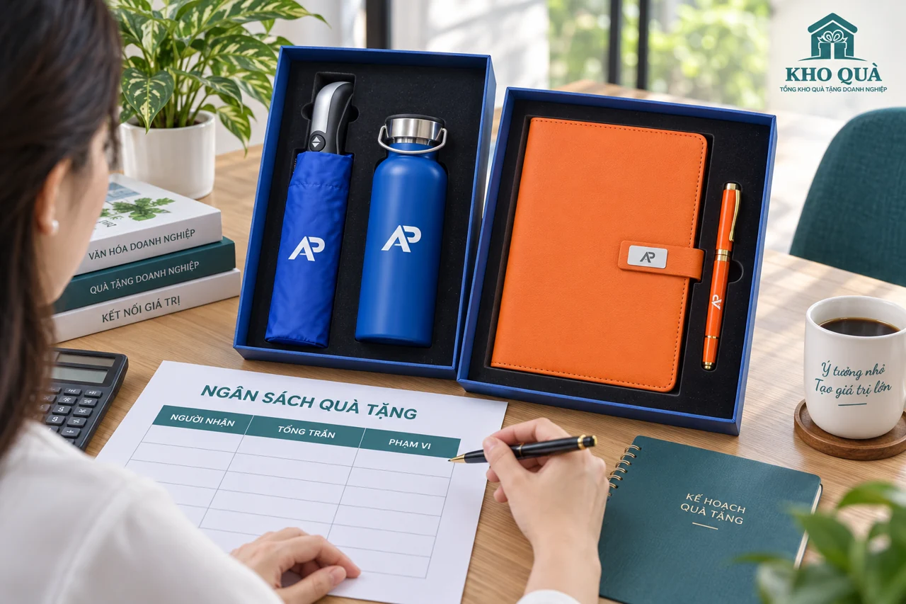 Chuẩn bị ngân sách với bộ sổ bút và bình ô in logo