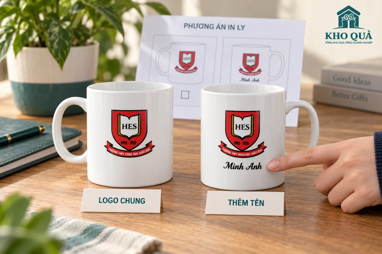 Hai phương án cốc logo HES chung và thêm tên Minh Anh