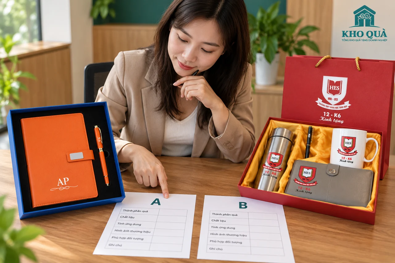 Đối chiếu hai cấu hình quà sổ bút và bộ bốn món
