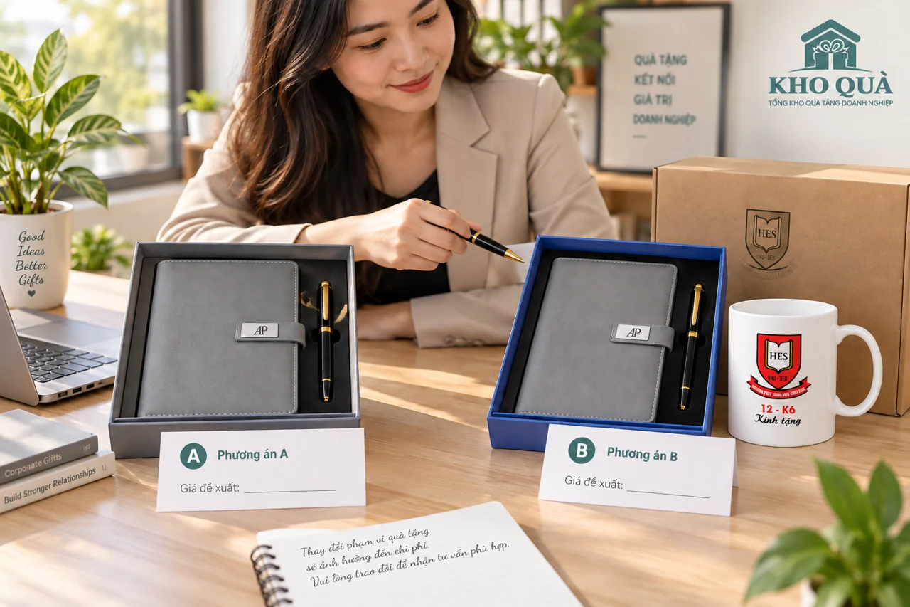 Đối chiếu phương án A sổ bút và B có thêm cốc HES