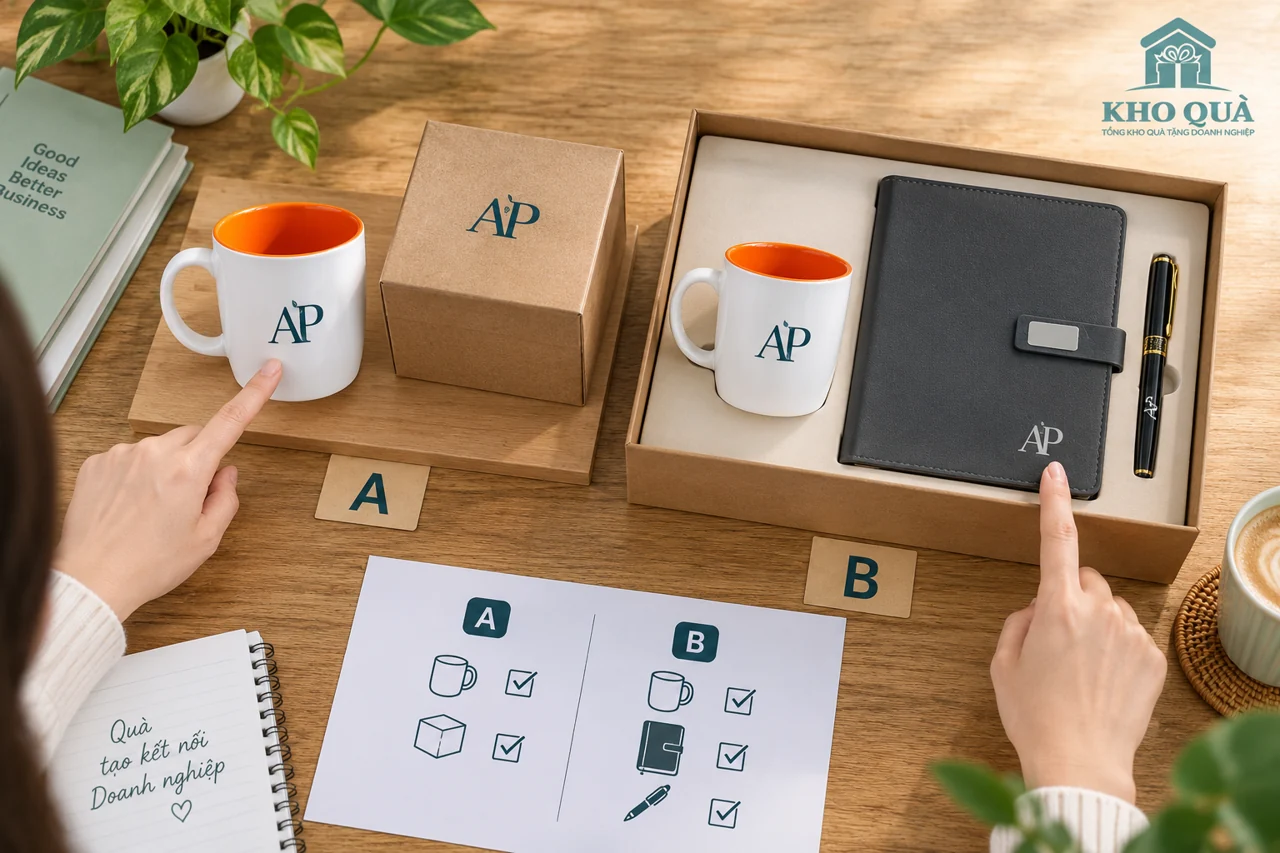Phương án A cốc và hộp được so với B có thêm sổ bút